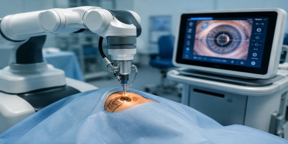 Robotic cataract surgery performed using advanced ophthalmic technology in modern operating room.